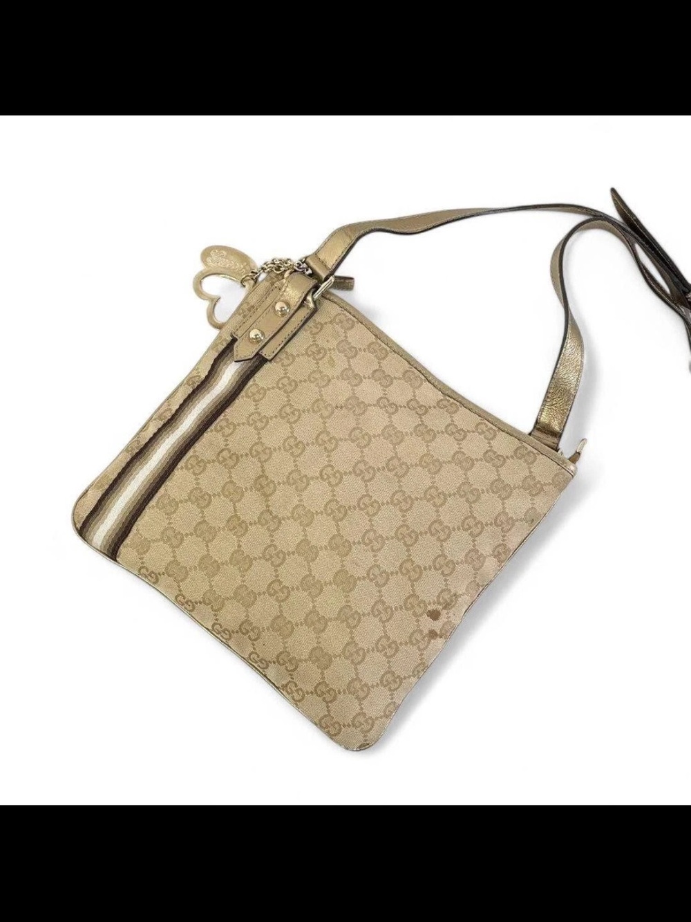 Gucci Beige Monogram Shoulder Bag with Metallic Gold Accents